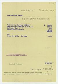 Bill for tuition, room and board from Bryn Mawr College, addressed to Mrs. James M. Foster, October 12, 1903