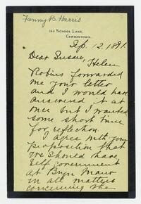 Letter from Fanny B. Harris to Susan Walker Fitzgerald, September 12, 1891