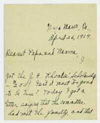 Letter from Marie Litzinger to her parents, April 26, 1917