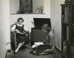 Students reading in music listening room, Goodhart Hall