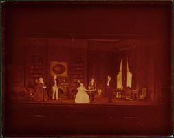 Jane Eyre : wide view of set for Rochester's house, Sandra Ellsworth as Blanche Ingram, center