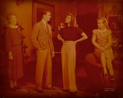 The Philadelphia Story : Dan Tobin as Sandy Lord, Katharine Hepburn as Tracy Lord, and unidentified actresses as Margaret and Dinah Lord