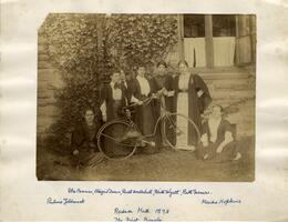 Students with bicycle in front of Radnor Hall, 1893