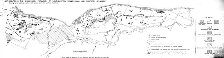 Amphibolites in the Wissahickon Formation of Southeastern Pennsylvania and Northern Delaware showing areal geology, metamorphic zones, and thin section locations