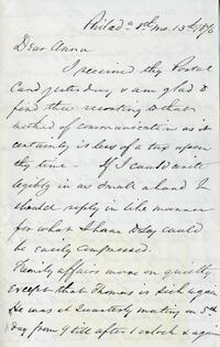 1876 August 13, Philadelphia, to Dear Anna