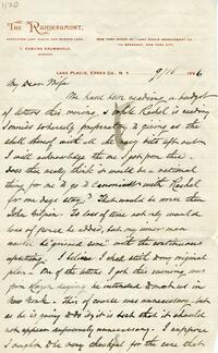 1896 September 16, The Ruisseaumont, Lake Placid, Essex Co., N.Y., to My Dear Wife