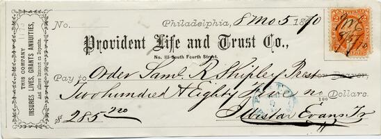 1870 August 5, Philadelphia, to order Samuel R. Shipley, Check