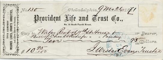 1871 September 26, Philadelphia, to Water Rent of 11th St. House & Bill of Chas White for " " Painting