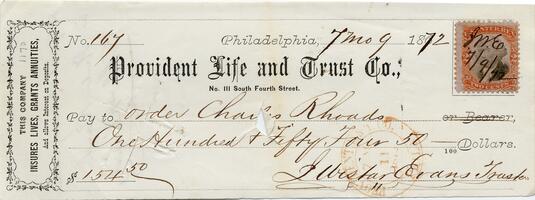 1872 July 9, Philadelphia, to order Charles Rhoads, Check