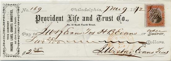 1872 July 9, Philadelphia, to J.W. & J. Evans Trs. H. B. Evans, Check