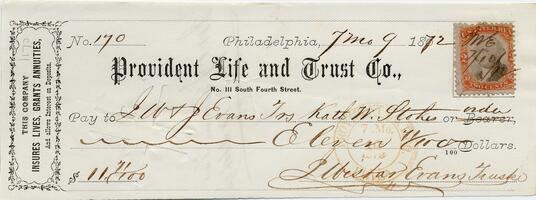 1872 July 9, Philadelphia, to J.W. & J. Evans Trs. Kath. W. Stokes, Check