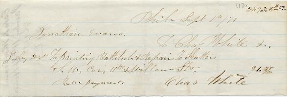 1871 September 1, Philadelphia, to Jonathan Evans, Receipt