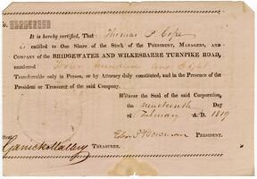 Certification confirming Thomas P. Cope's share of stock in Bridgewater and Wilksbarre Turnpike Rd. Co., 1819 February 19