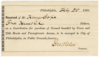 Financial record of Henry Cope for purchase of land in Philadelphia, 1865 July 25