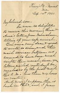 Letter from Rachel Cope Evans to Francis Algernon Evans, 1931 September 14