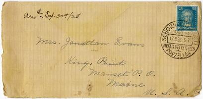 Envelope of letter from Louise Gartner Friseur to Rachel Cope Evans, 1928 September 17