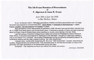 5th Evans Reunion of Descendants of F. Algernon & Anna R. Evans, 2008 June 28 to July 5