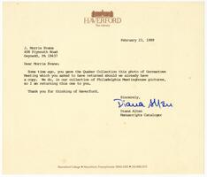 Letter from Diana Alten to Joseph Morris Evans with photo of Germantown Meeting, 1989 February 23