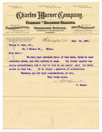 Letter from the Charles Warner Company to Thomas P. Cope Jr., 1900 June 26