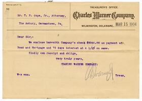 Letter from the Charles Warner Company to Thomas P. Cope Jr., 1904 March 15