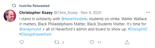 I stand in solidarity with Haverford students on strike tweet