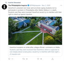 Haverford students on strike tweet