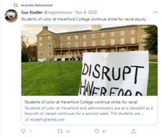 Students of color at Haverford College continue strike for racial equity tweet