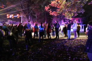 Student marchers at blockade of police cruisers 1