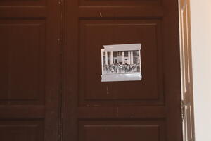 Founders Hall door with photograph