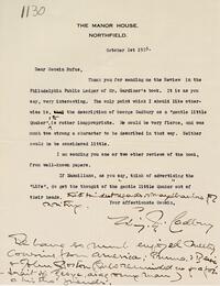 Letter from Elizabeth M. Cadbury to Rufus Jones 1923 October 1