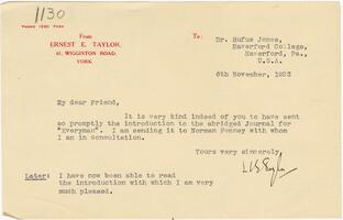 Letter from Ernest E. Taylor to Rufus Jones 1923 November 6