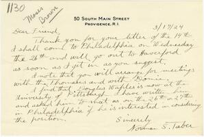 Letter from Norman S. Taber to Rufus Jones 1924 March 17