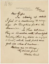 Letter from Walter Wood to Rufus Jones 1924 Ocotober 10