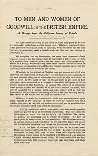 To men and women of goodwill in the British Empire : a message from the Religious Society of Friends