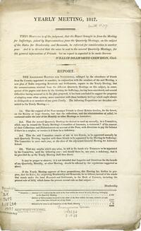 Yearly meeting, 1817 : This meeting is of the judgment, that the report brought in from the Meeting for sufferings, joined by representatives from the quarterly meetings, on the subject of the rules for membership and removals, be referred for considerati