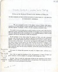 Petition of Society of Friends for the abolition of tithes, &c. : To the Commons of the United Kingdom of Great Britain and Ireland, in Parliament assembled .