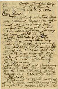 Letter from William Warder Cadbury to Ben, 1926 April 4