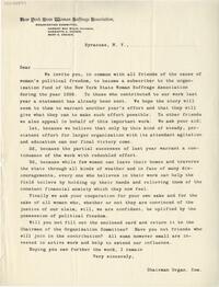 New York State Woman Suffrage Association Organization Committee form letter