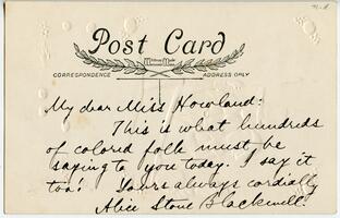 Alice Stone Blackwell postcard to Emily Howland