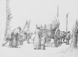 Sketch by D. O. Stephens- Refugees fleeing along road