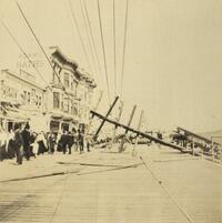 Telephone pole toppled onto boardwalk