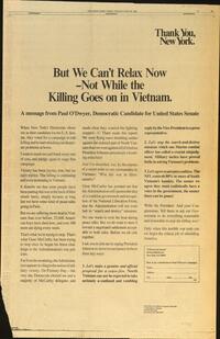 Thank You, New York.  But We Can't Relax Now - Not While the Killing Goes on in Vietnam