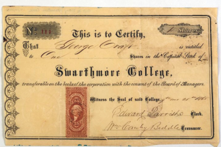 Historical stock certificate granting one share in Swarthmore College