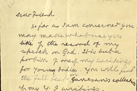 Handwritten letter from Mohandas Gandhi discussing the use of one of his speeches