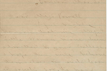 Close up of handwritten letter from author Louisa May to Elizabeth Powell Bond discussing her work