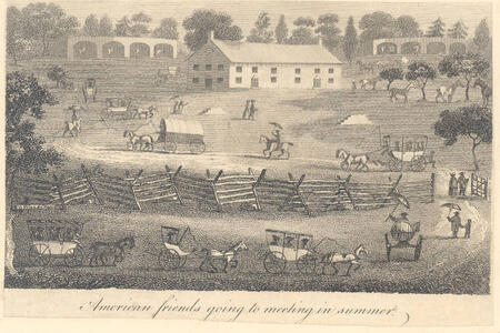 Engraving showing quakers riding carriages, walking, and riding horses along a path to a meetinghouse in the summer