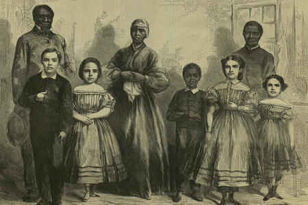 Newspaper engraving of emancipated slaves and their fair skinned children in an attempt to depict former slaves sympathetically as white