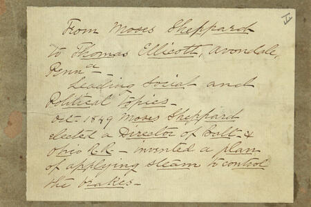 Handwritten card from Moses Sheppard to Thomas Ellicott, discussing "Leading Social and Political topics"