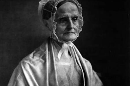 Black and white photograph portrait of Lucretia Mott wearing a bonnet