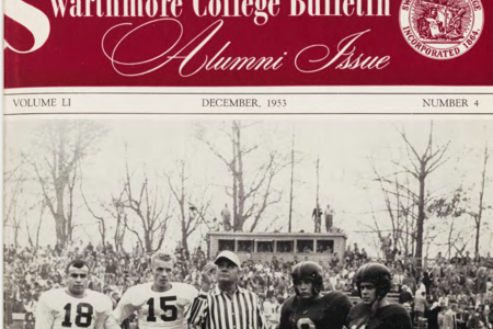 Cover of Swarthmore College Bulletin Alumni Issue, December 1953, with a photograph of some football players